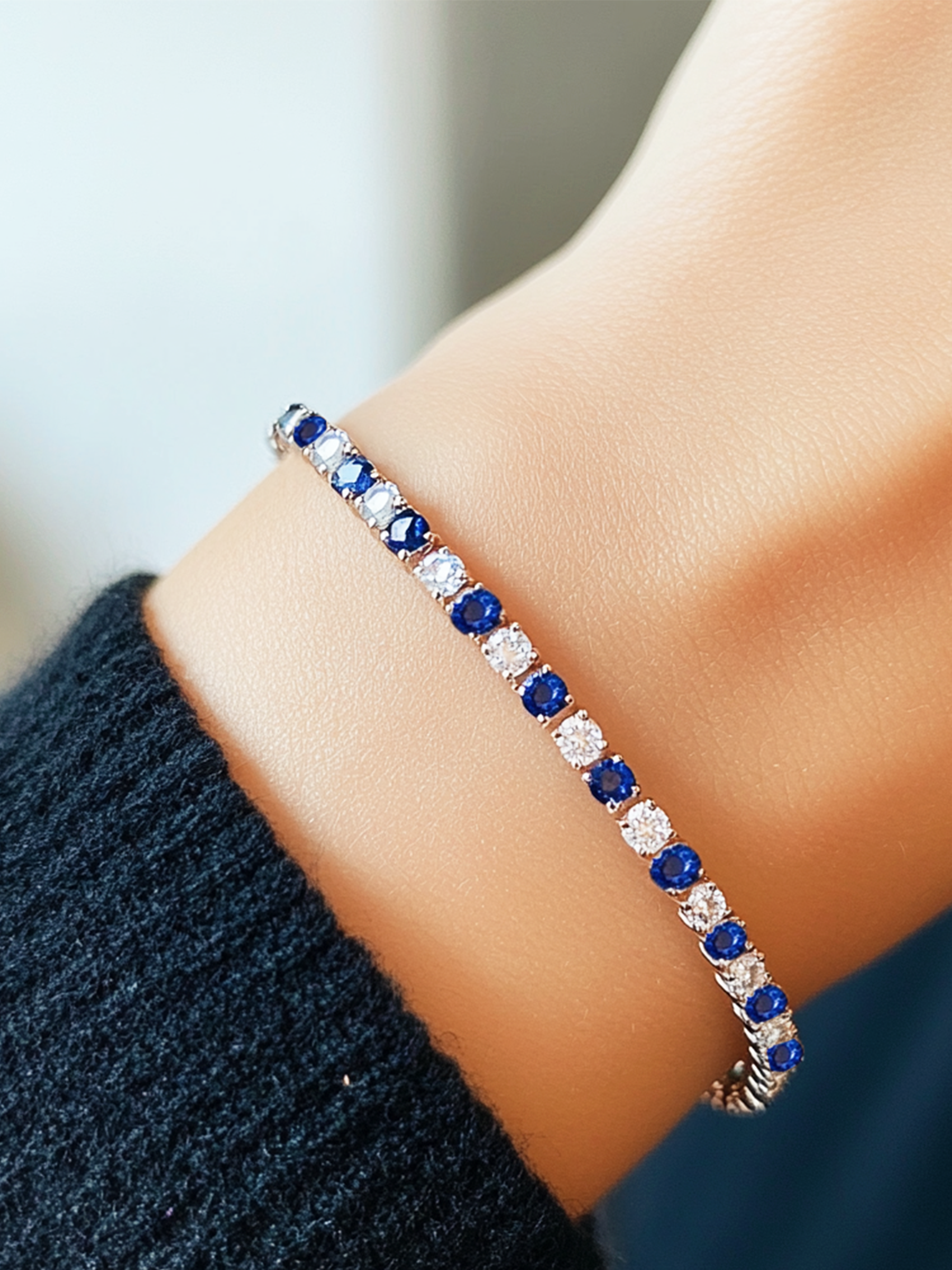 Blue Sapphire Tennis Bracelet Rhodium Plated