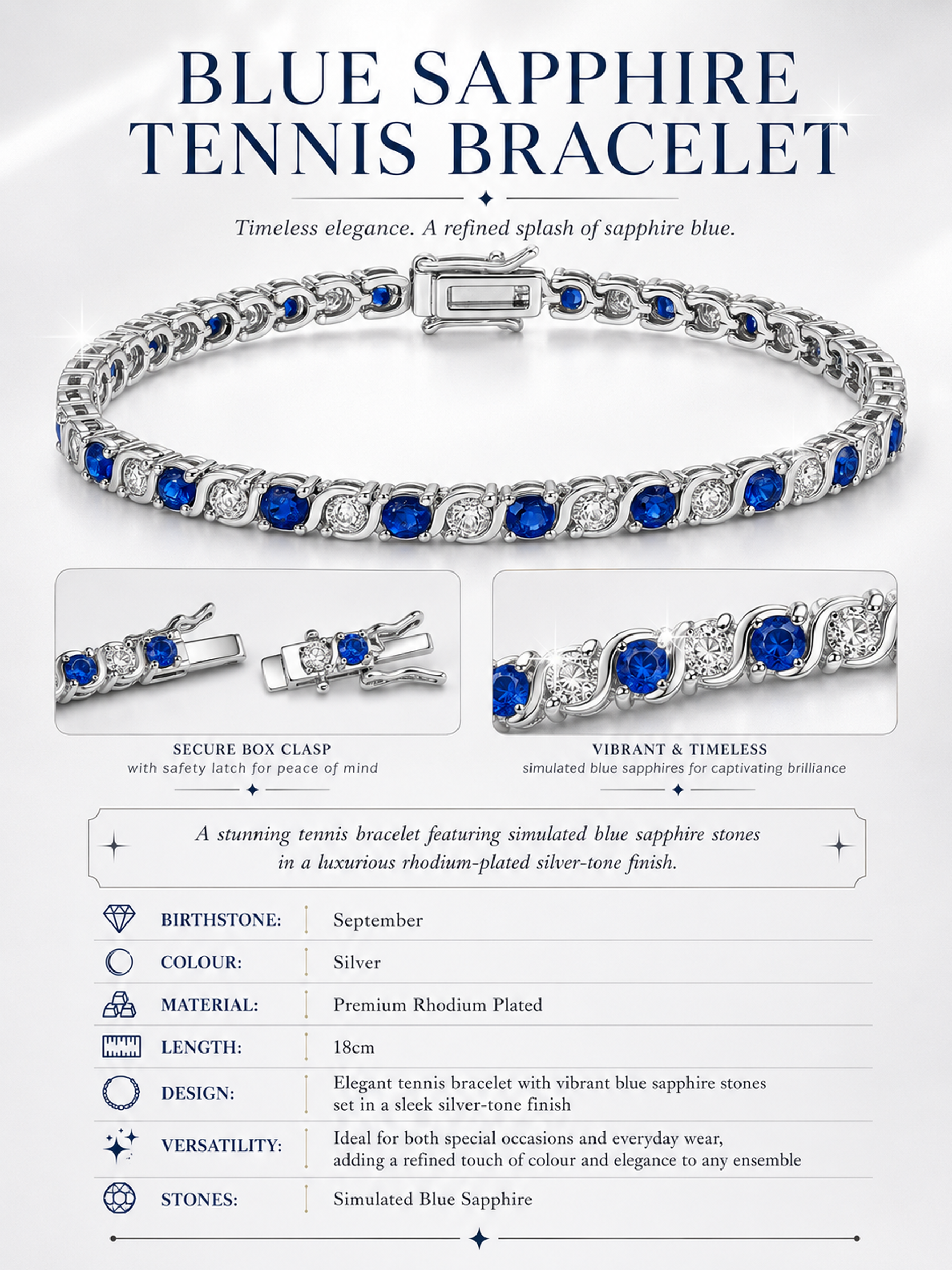 Blue Sapphire Tennis Bracelet Rhodium Plated