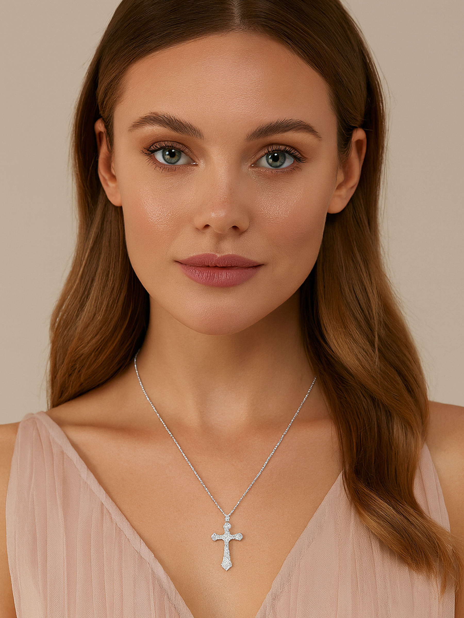 Round White Sapphire Cross 925 Sterling Silver Necklace