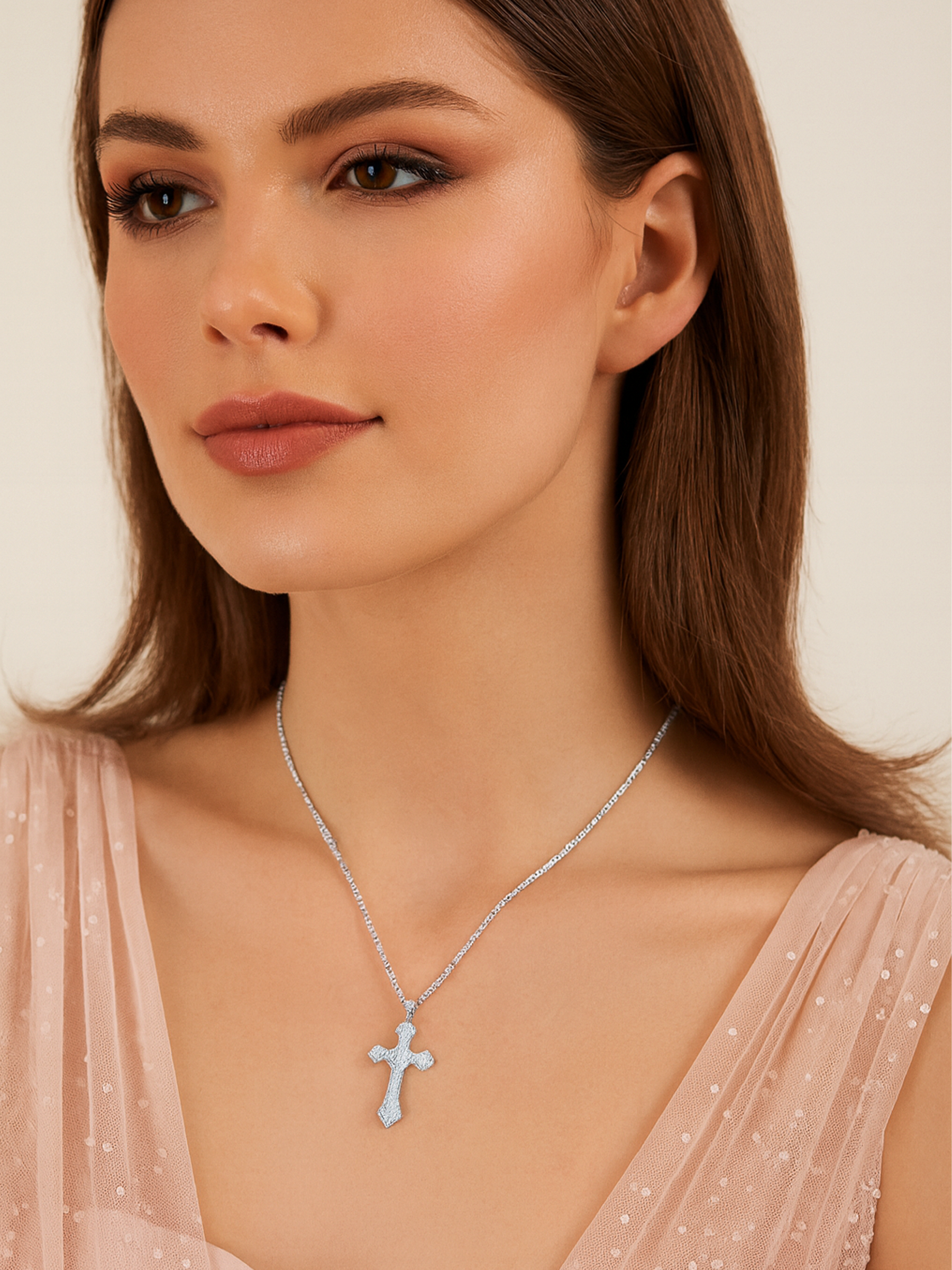 Round White Sapphire Cross 925 Sterling Silver Necklace