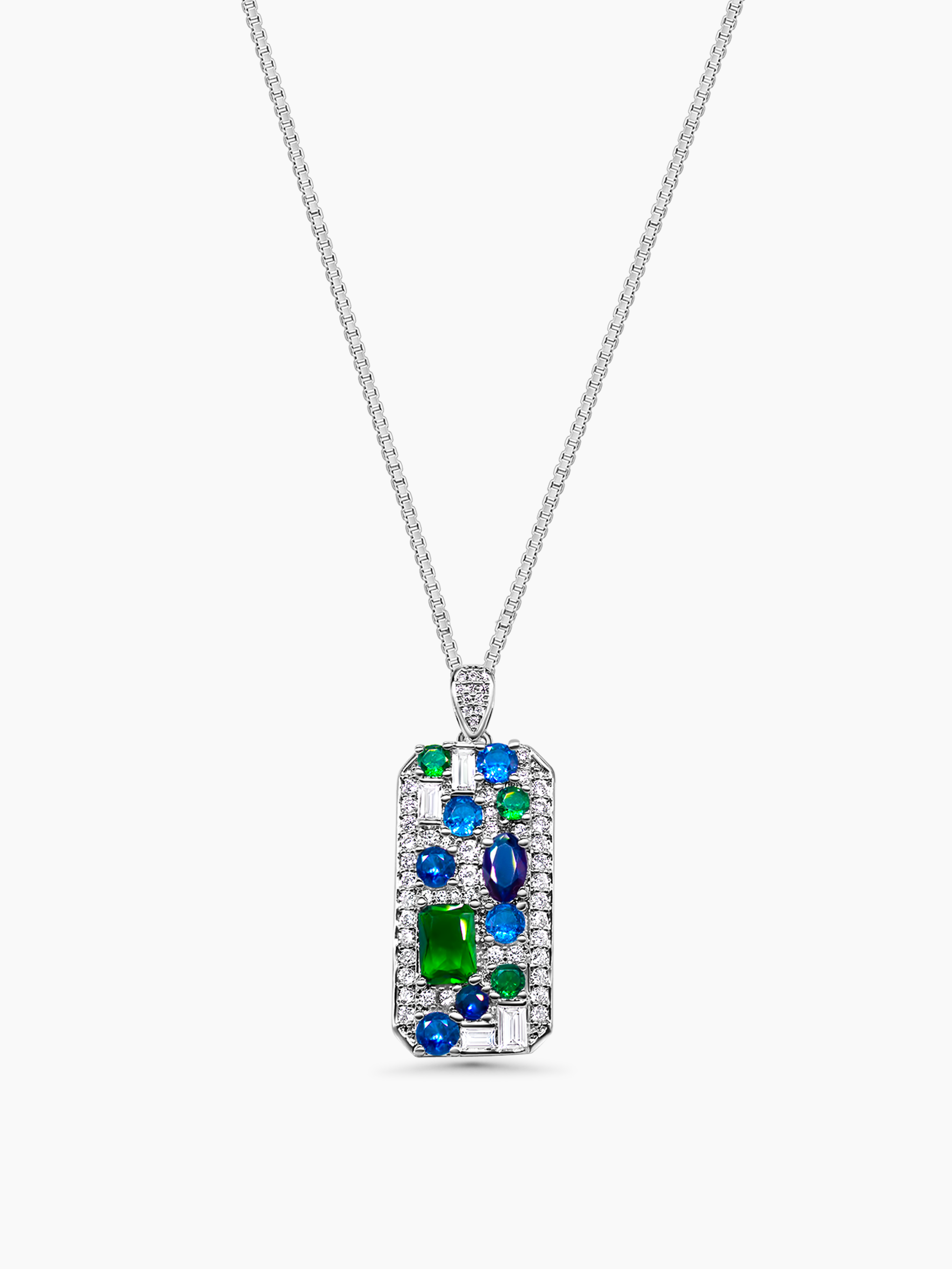 Emerald and Sapphire Pendant Necklace 18K White Gold Plated 