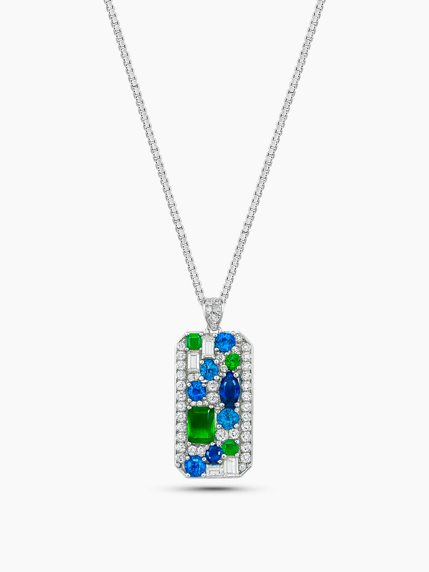 Emerald and Sapphire Pendant 18K White Gold Plated Necklace