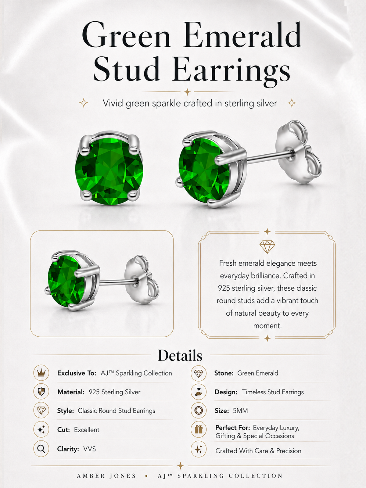 Green Emerald Stud Earrings 925 Sterling Silver
