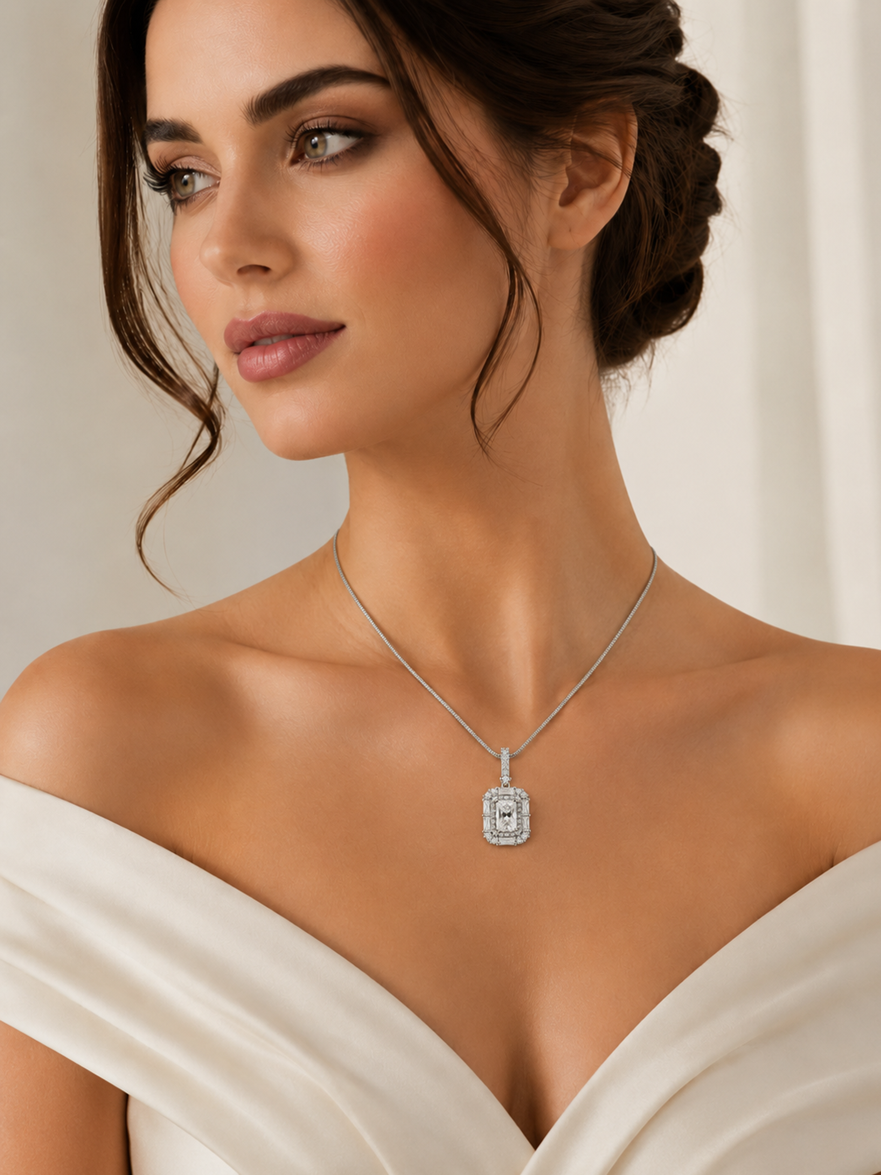 Woman wearing 2Ct Emerald Cut Moissanite Pendant Necklace