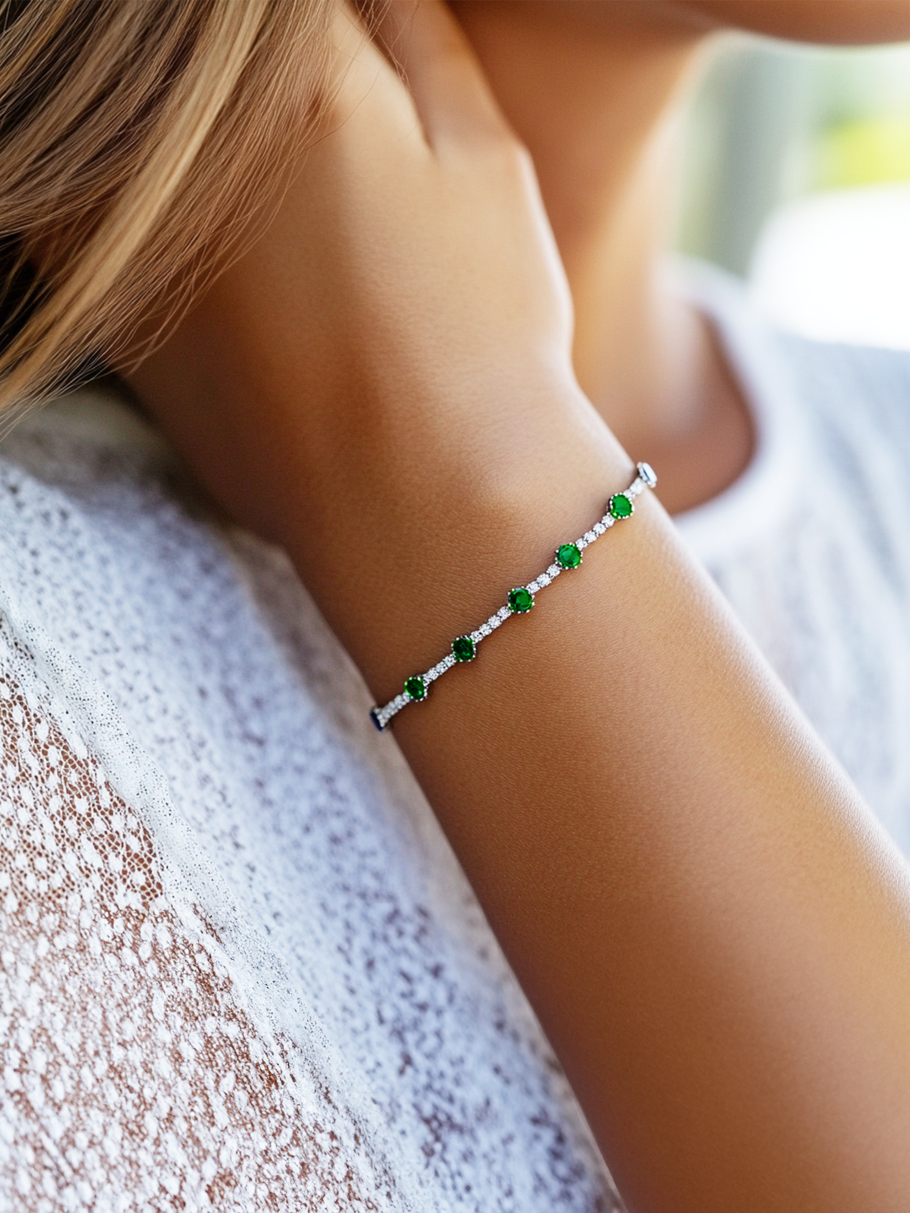 Green Emerald And White Sapphire Tennis Bracelet