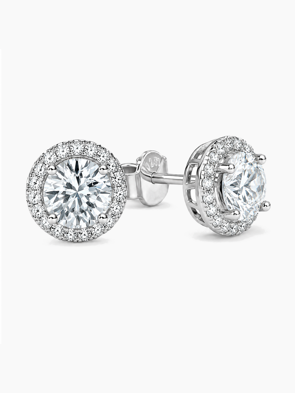 Round Halo Sterling Silver Stud Earrings