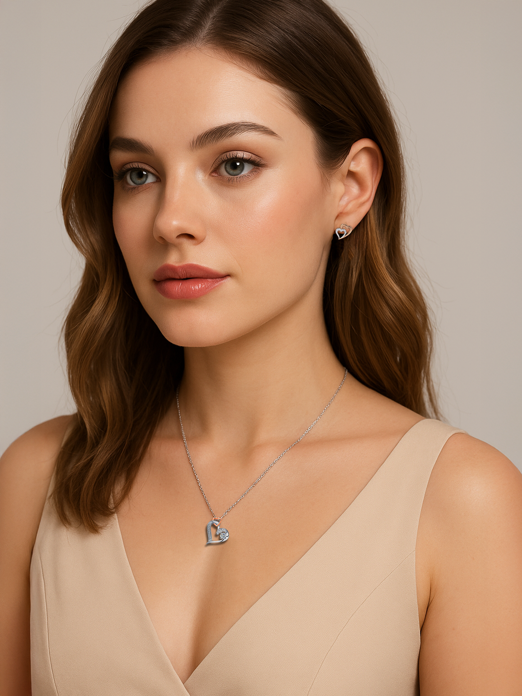 Woman wearing 18K White Gold Plated Infinity Love Heart Stud Earrings