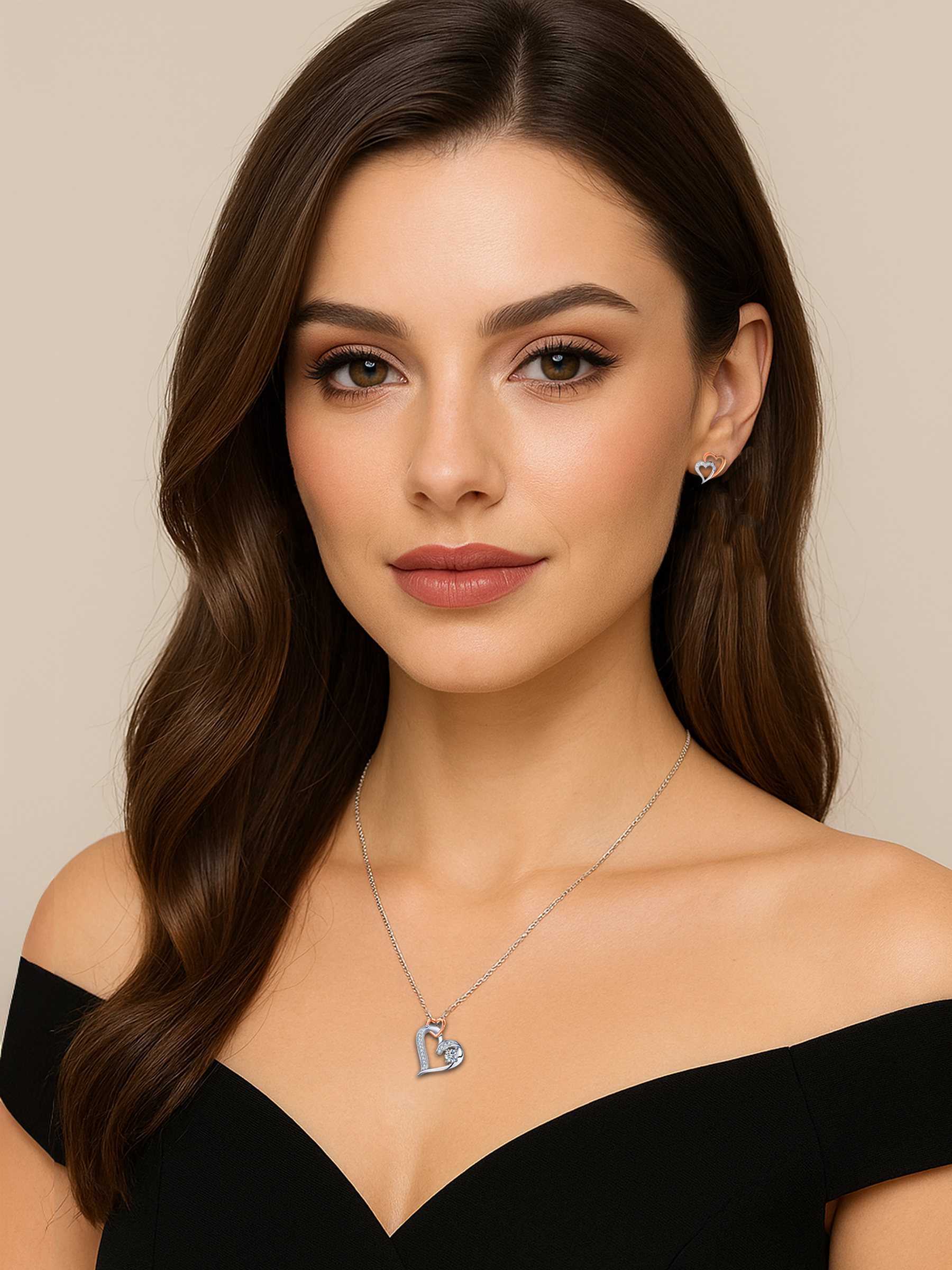model wearing 18K White Gold Plated Infinity Love Heart Stud Earrings