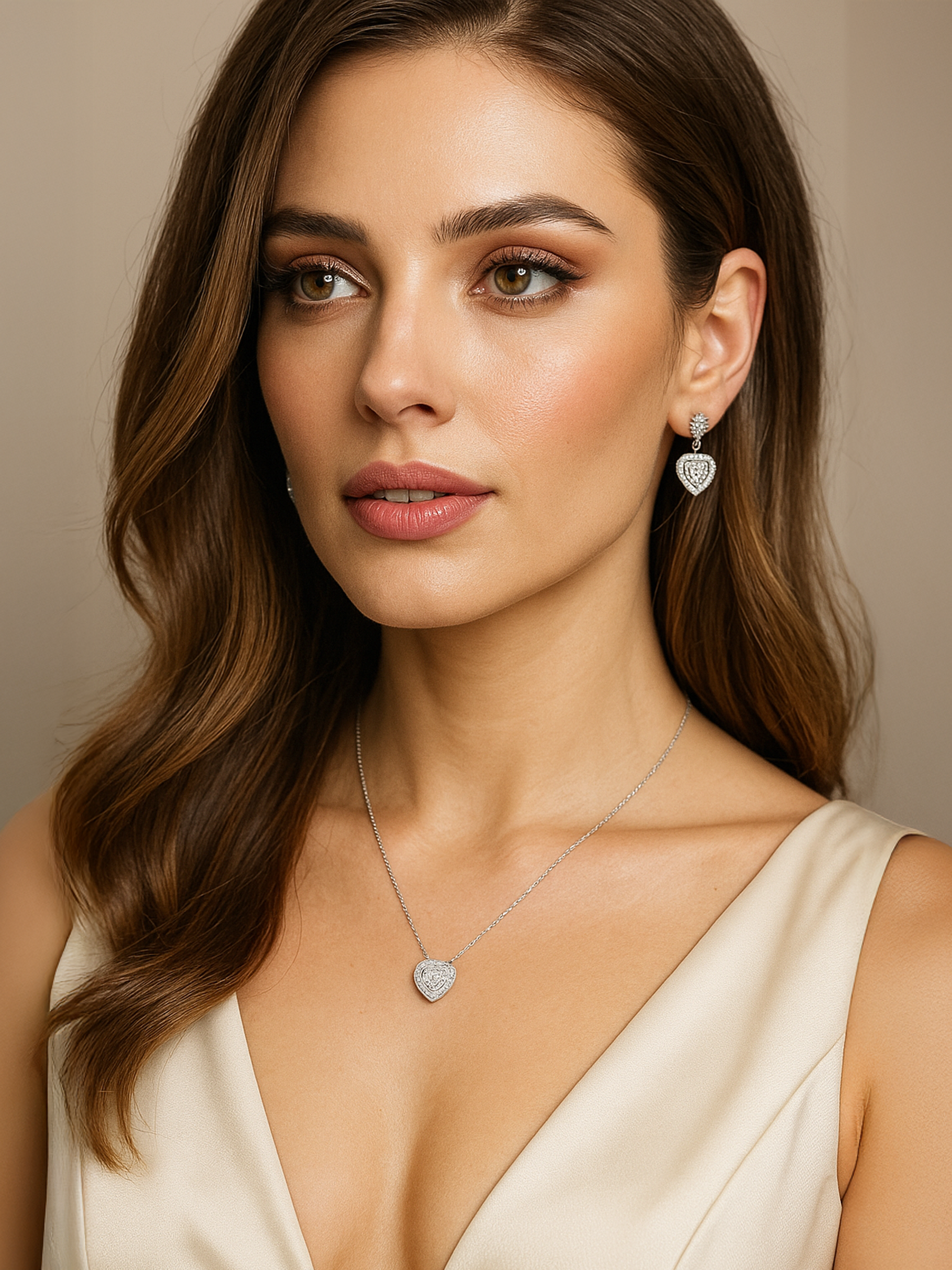 Women Wearing Pave Heart White Sapphire Necklace