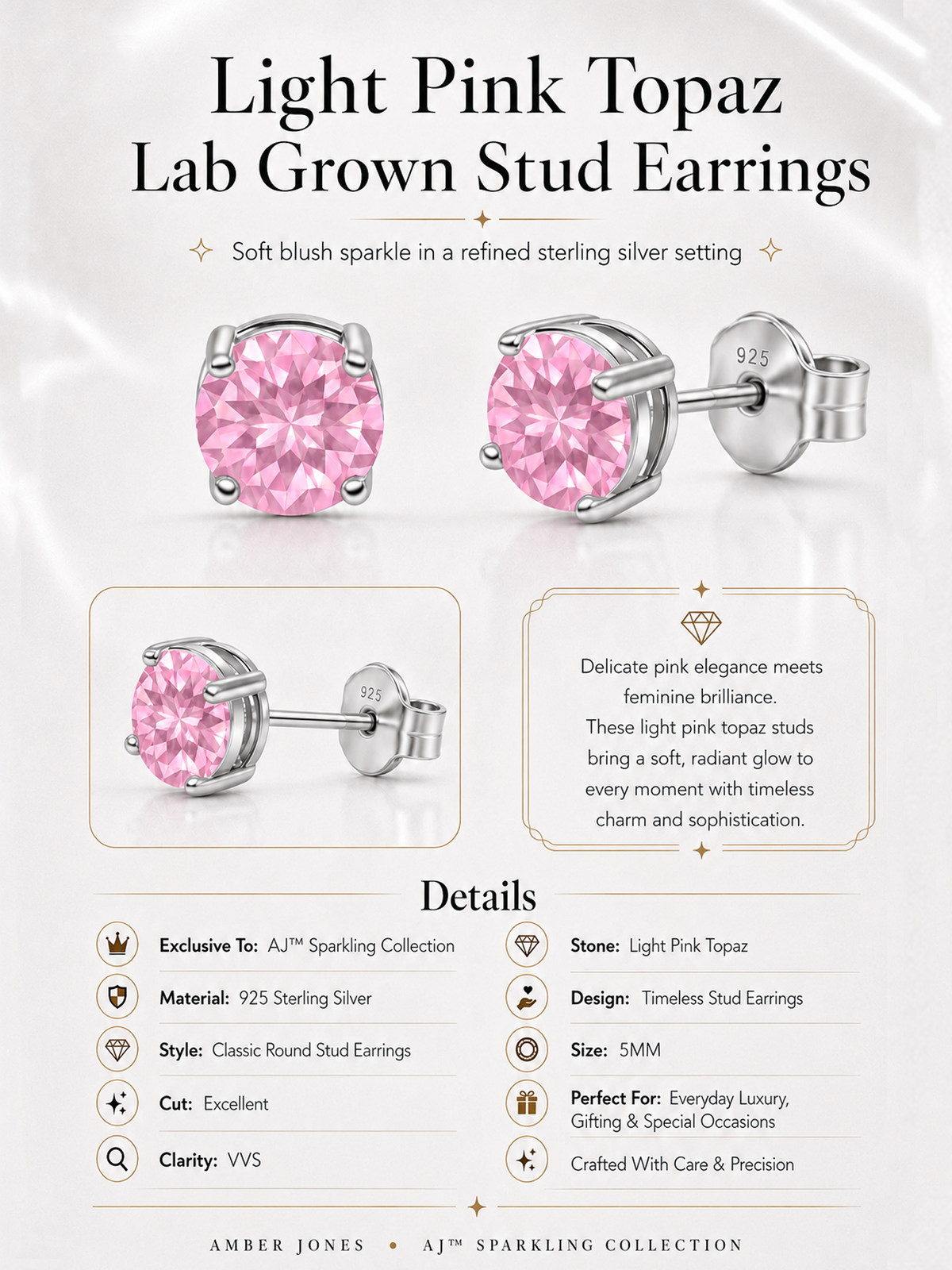 Light Pink Topaz Lab Grown Stud Earrings