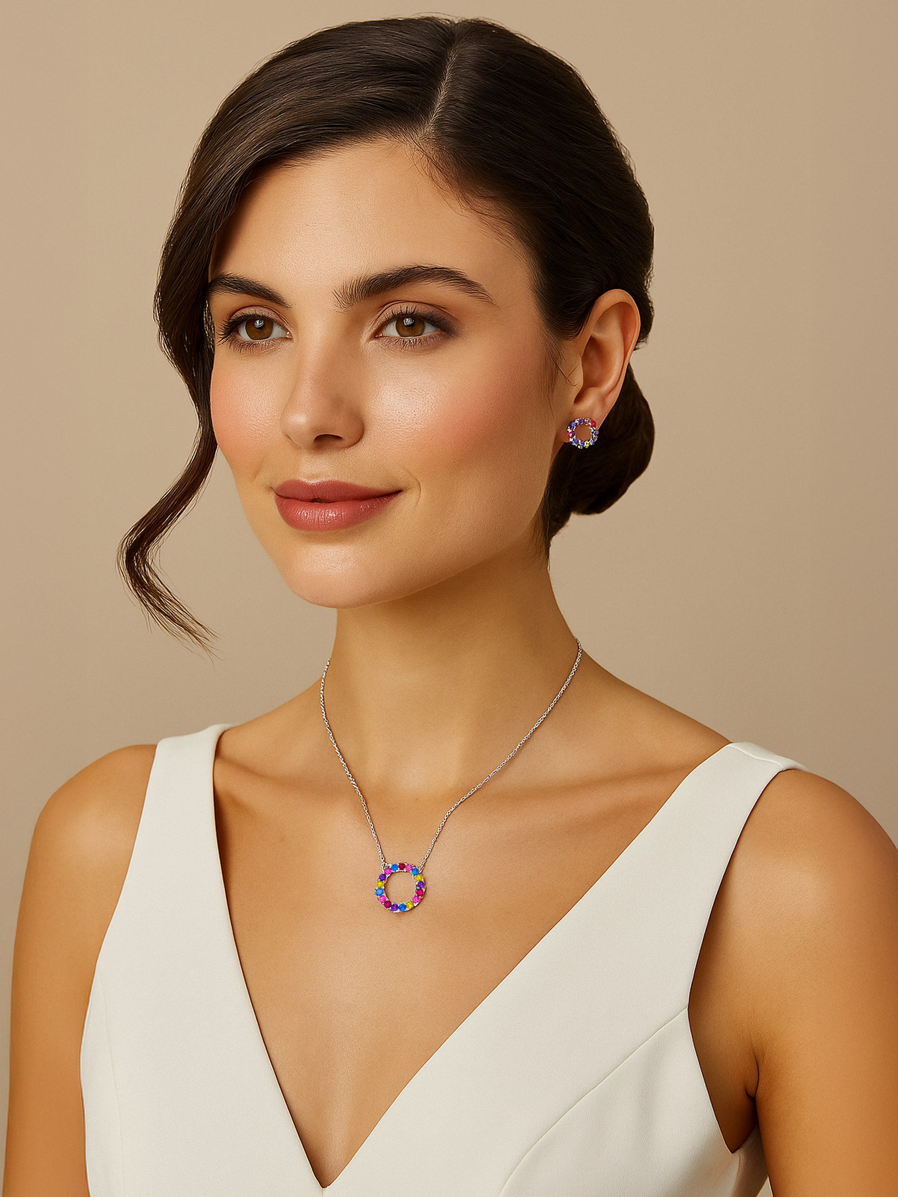 Woman wearing Multicoloured Rainbow Sapphires 925 Sterling Silver Necklace