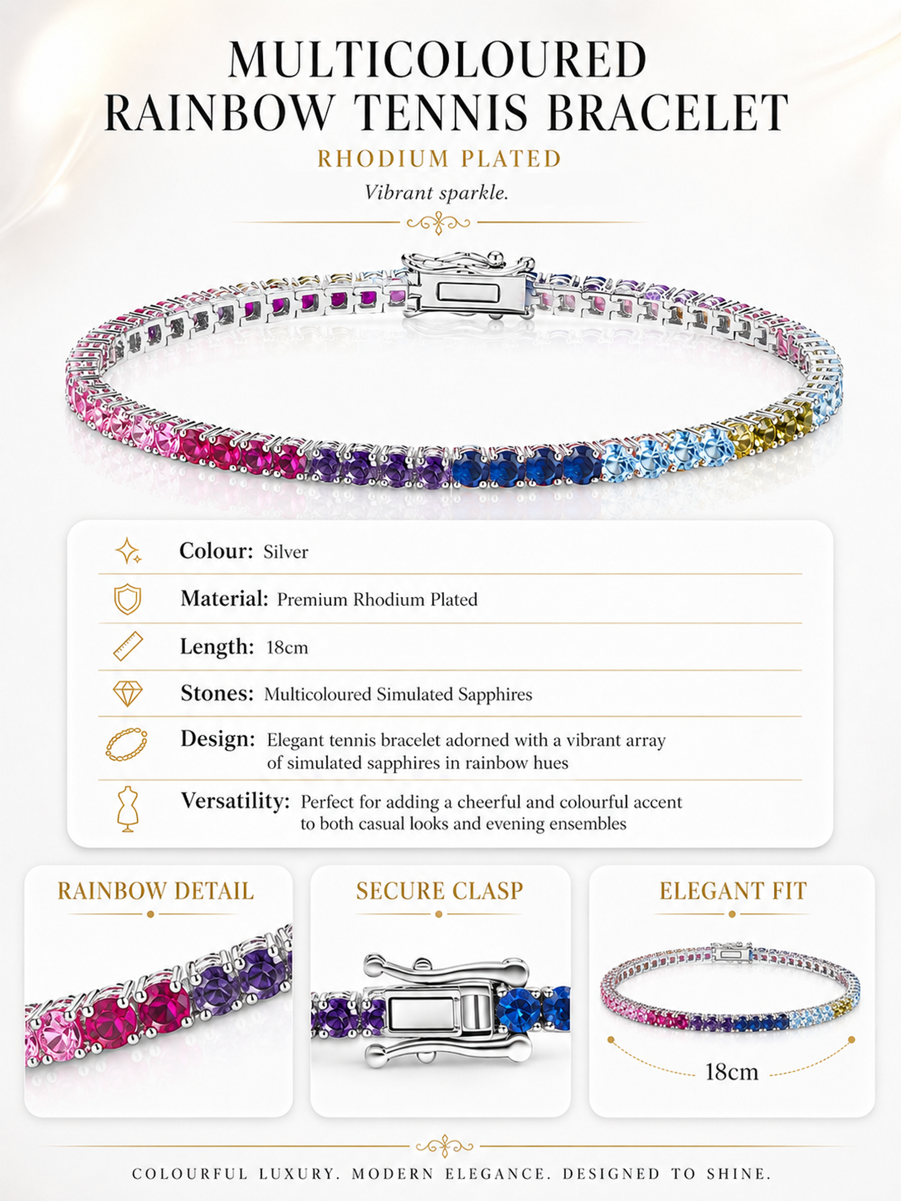Multicoloured Rainbow Sapphire Gem Stone Tennis Bracelet Rhodium Plated