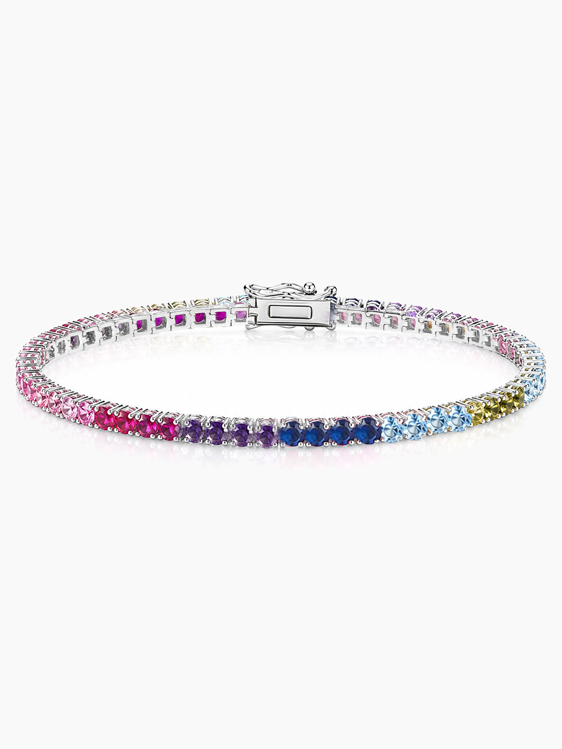 Multicoloured Rainbow Sapphire Gem Stone Tennis Bracelet Rhodium Plated