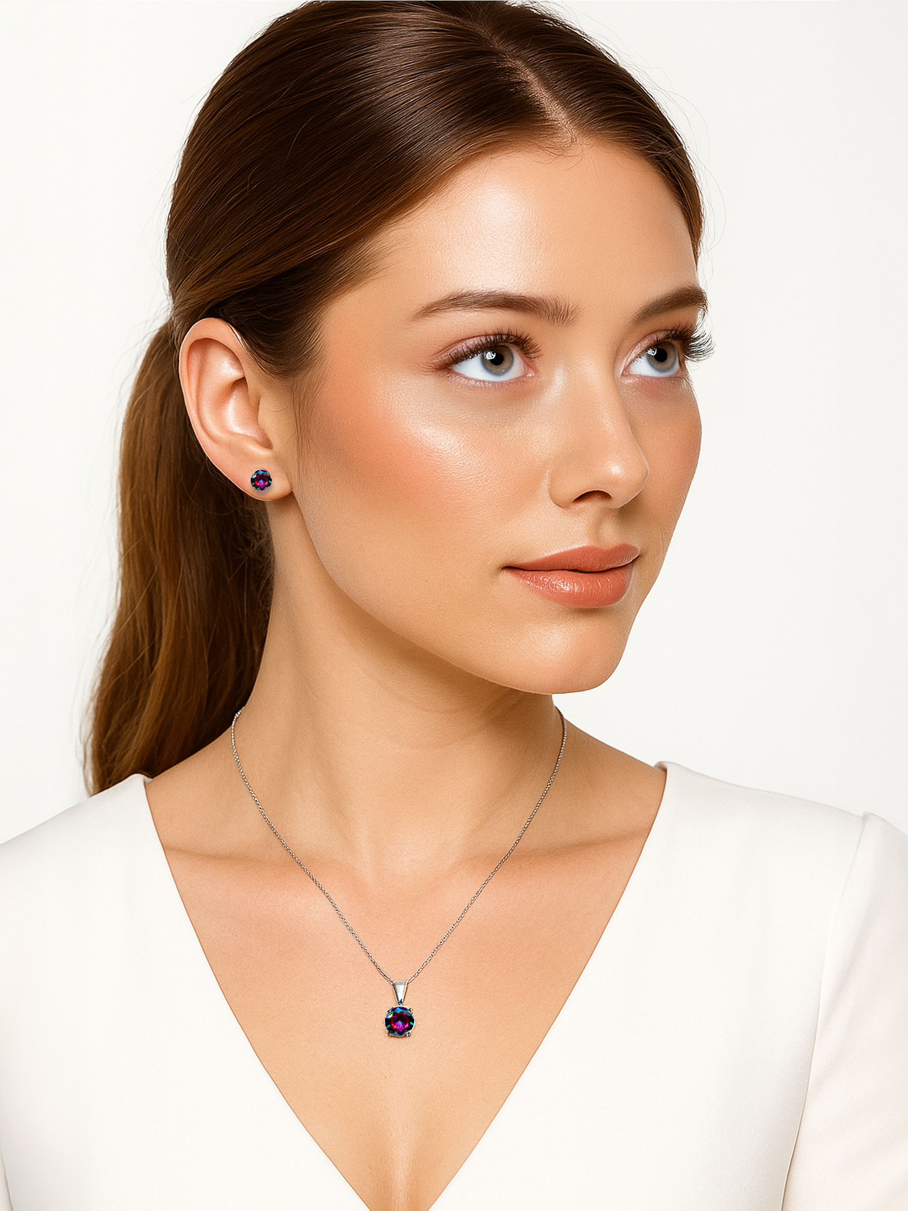 Woman wearing 1ct Mystic Topaz Pendant Necklace