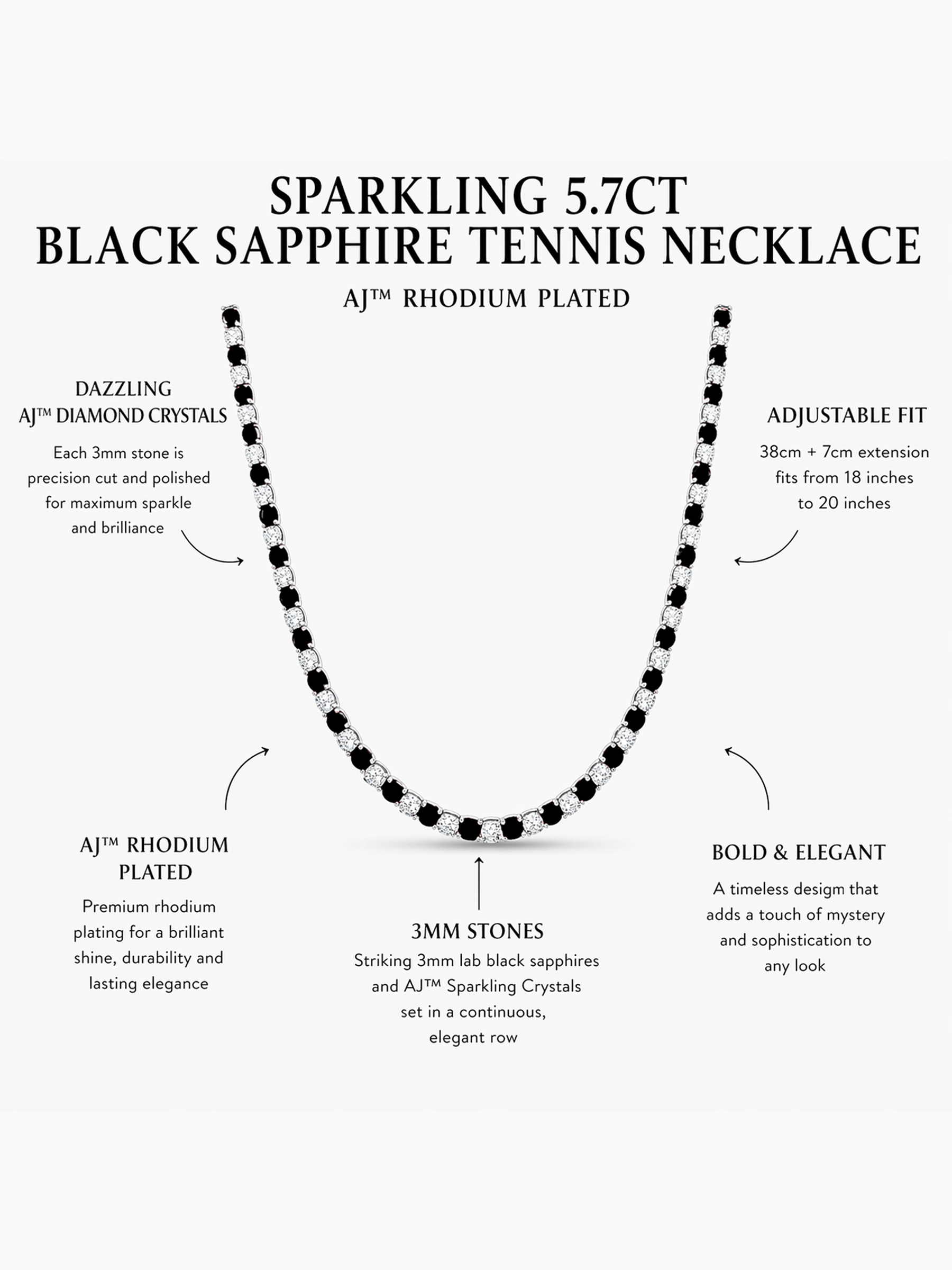 Sparkling 5.7ct Lab Black Sapphire Tennis Necklace