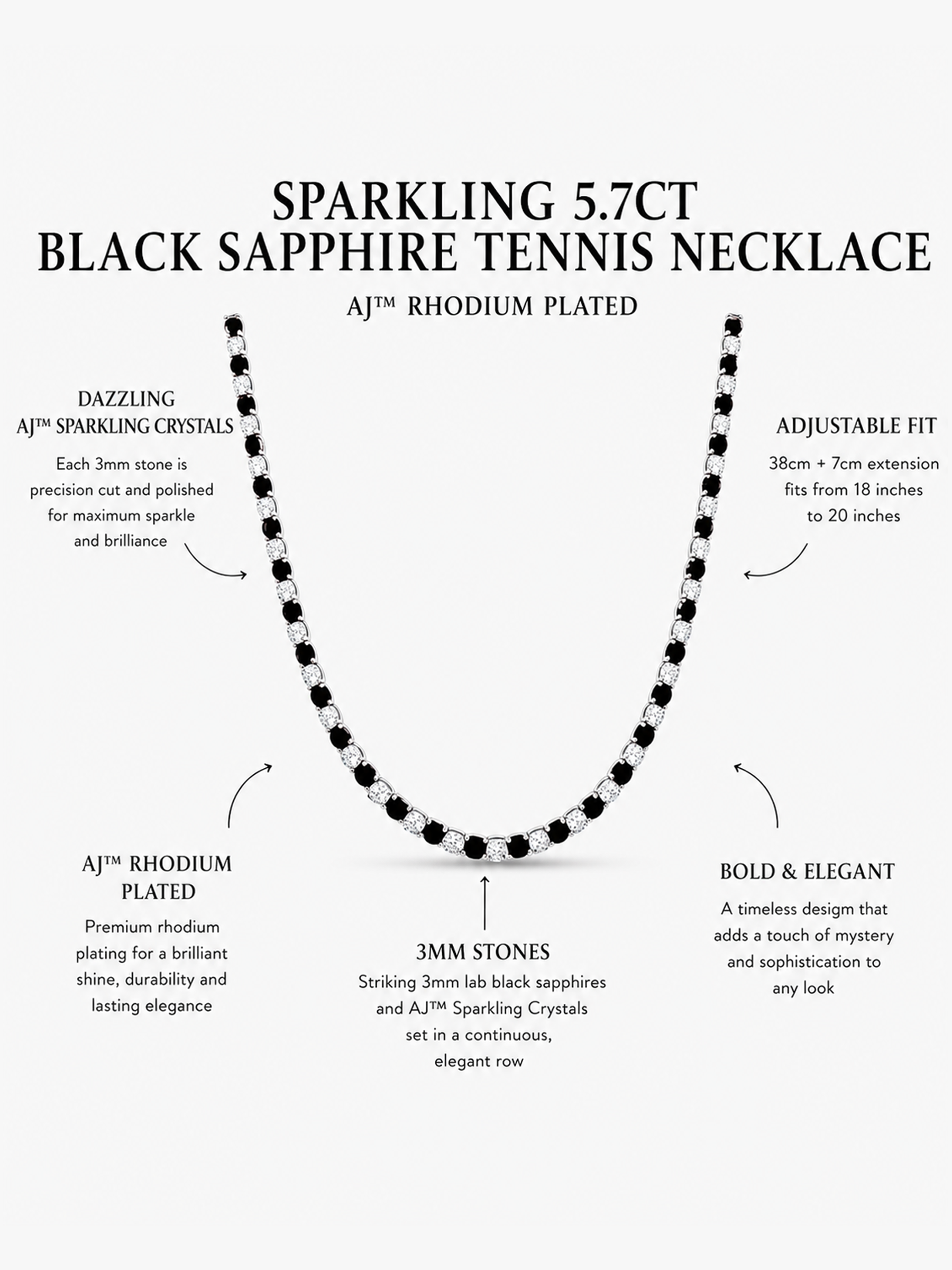 Sparkling 5.7ct Lab Black Sapphire Tennis Necklace