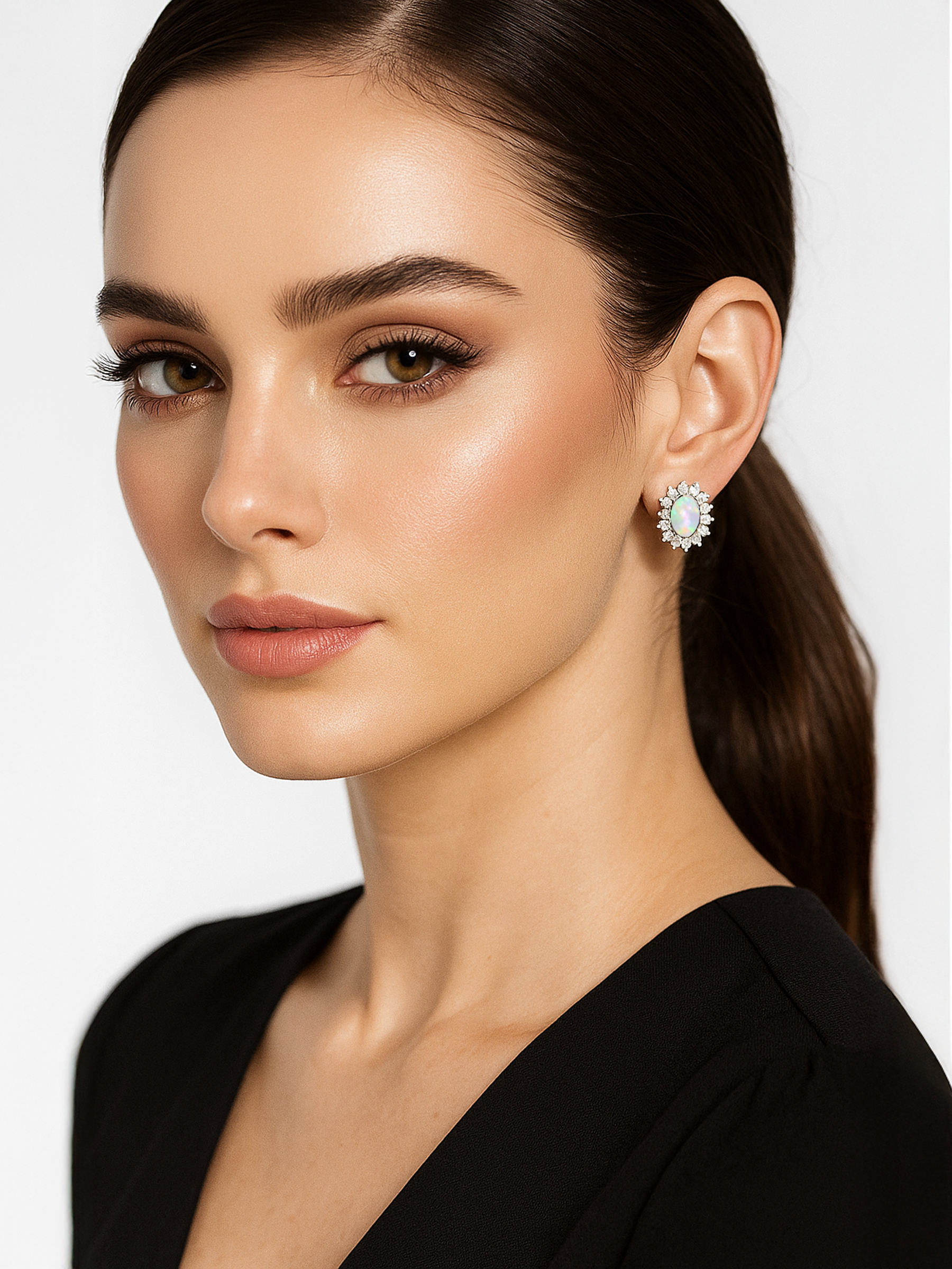 Women Model Wearing White Opal Stud Earrings