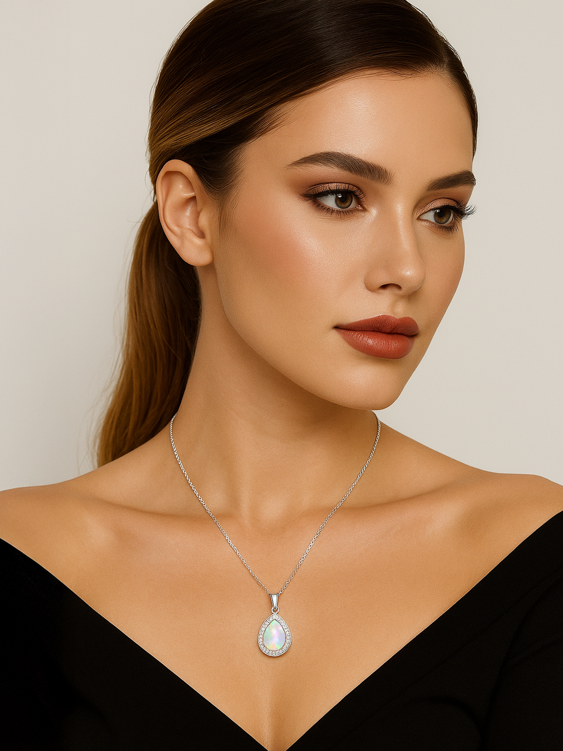 Women Model Wearing White Opal Pendant Necklace