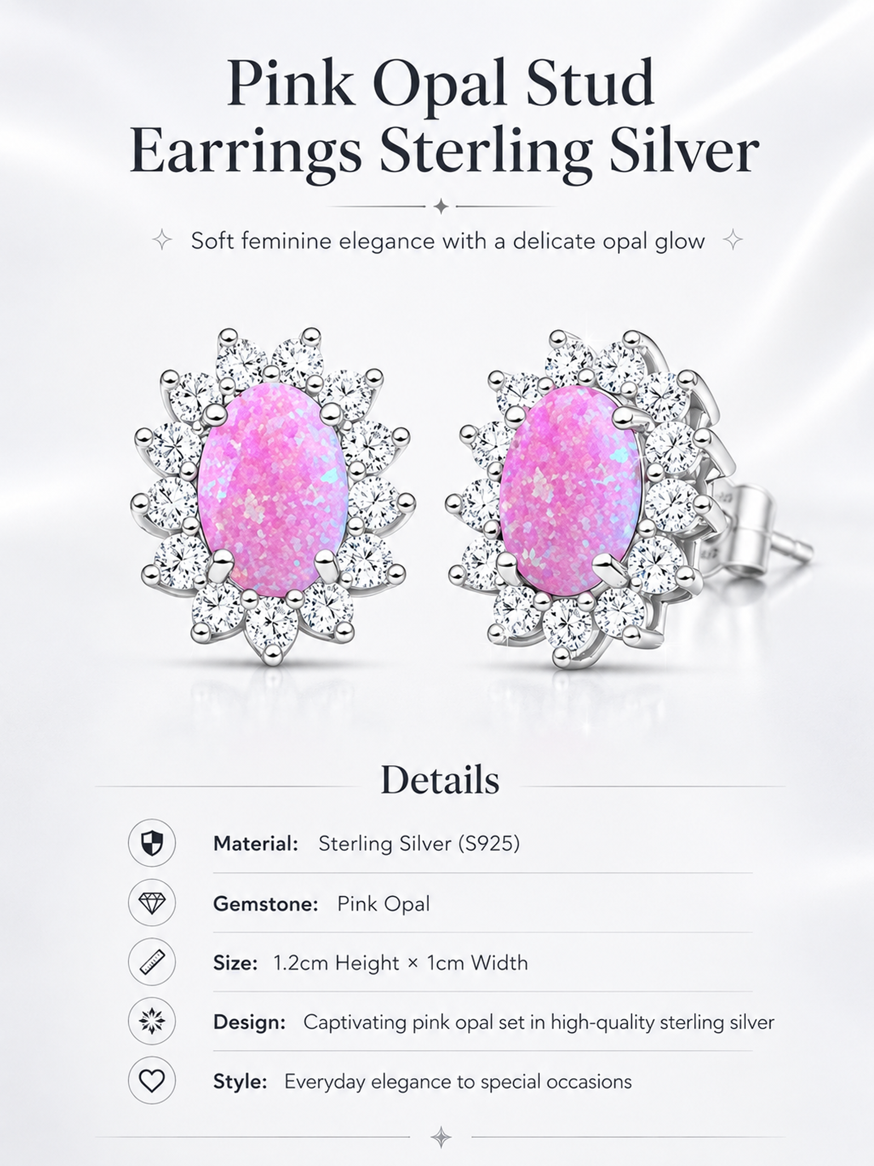 Pink Opal Stud Earrings Sterling Silver