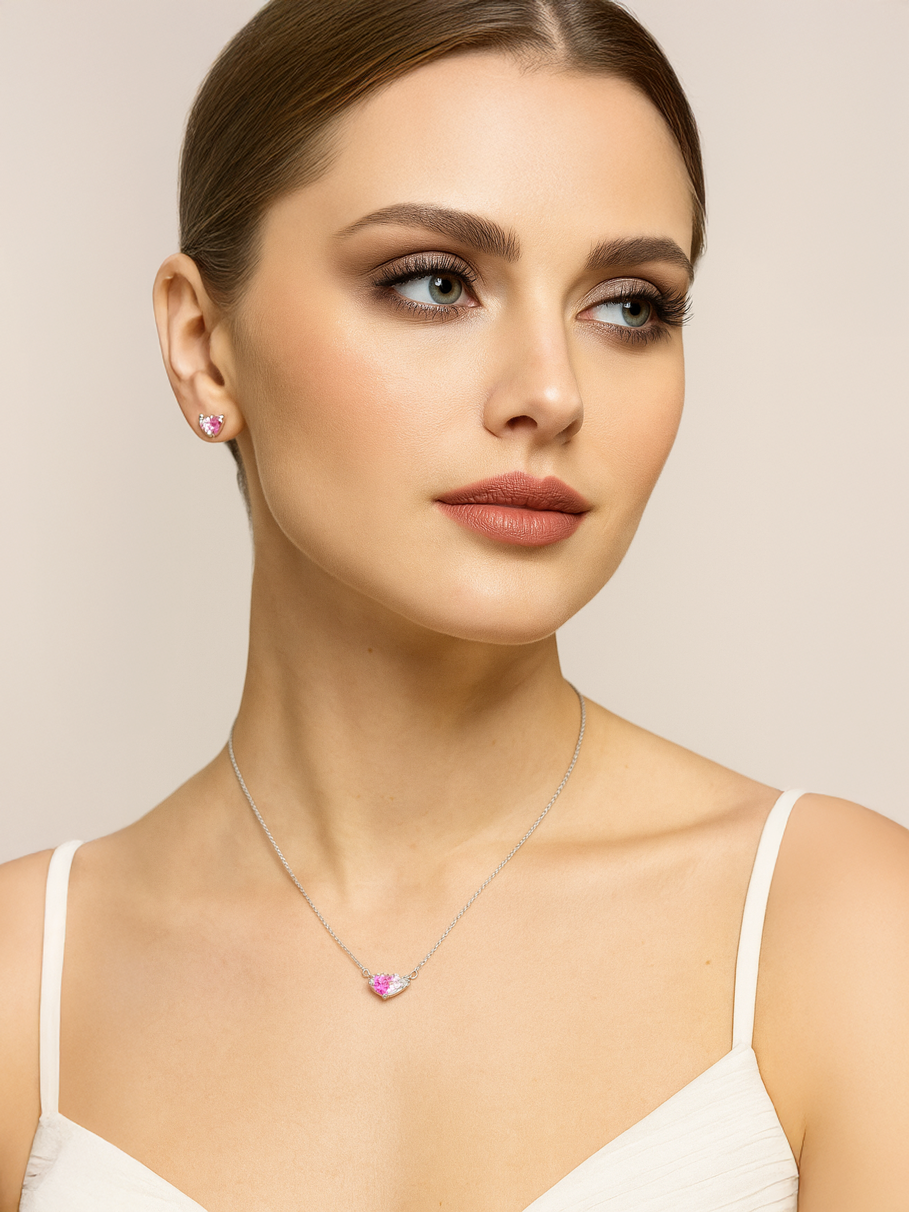 model wearing Pink Sapphire Love Heart Necklace