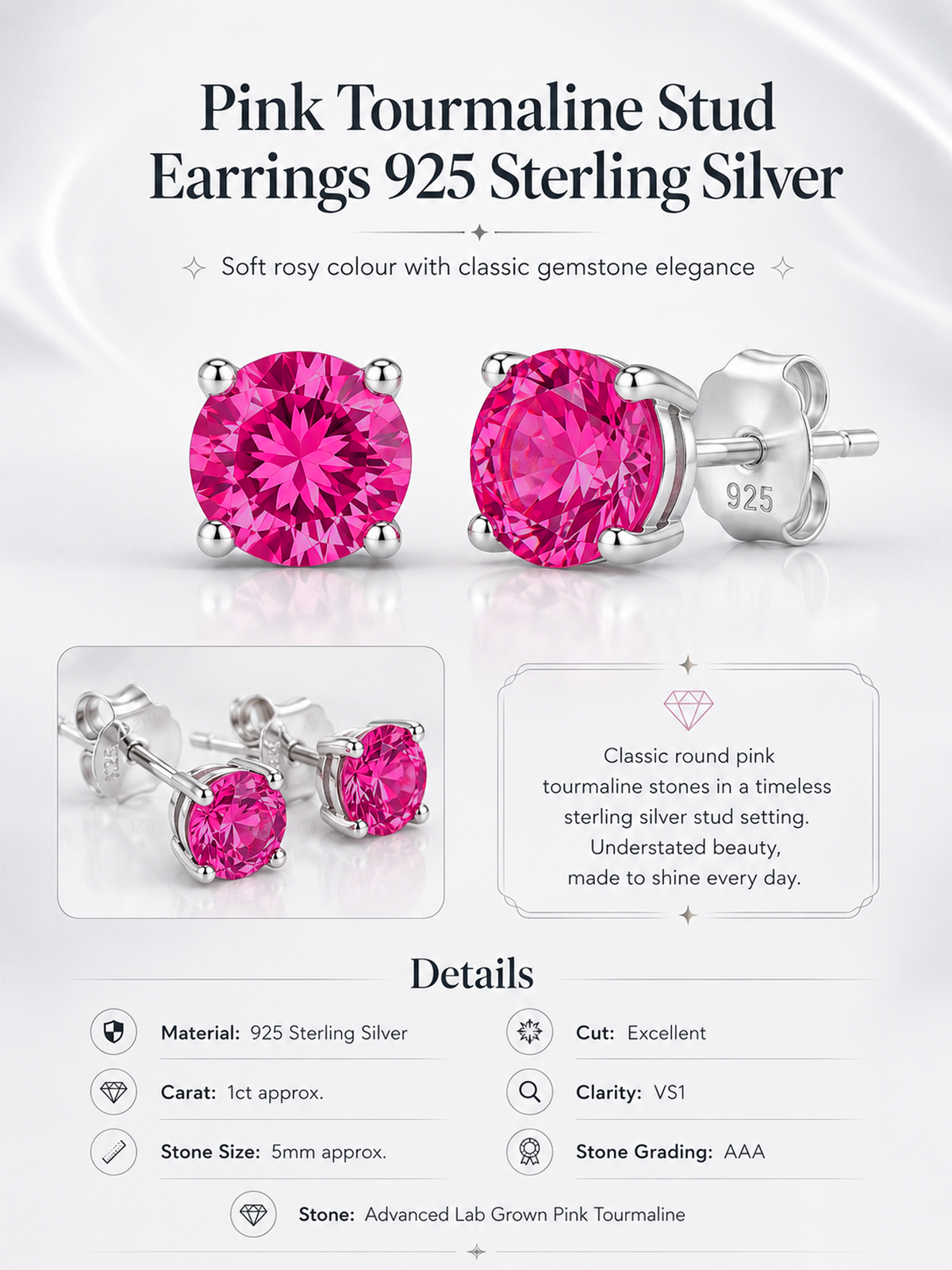 Pink Tourmaline Stud Earrings 925 Sterling Silver