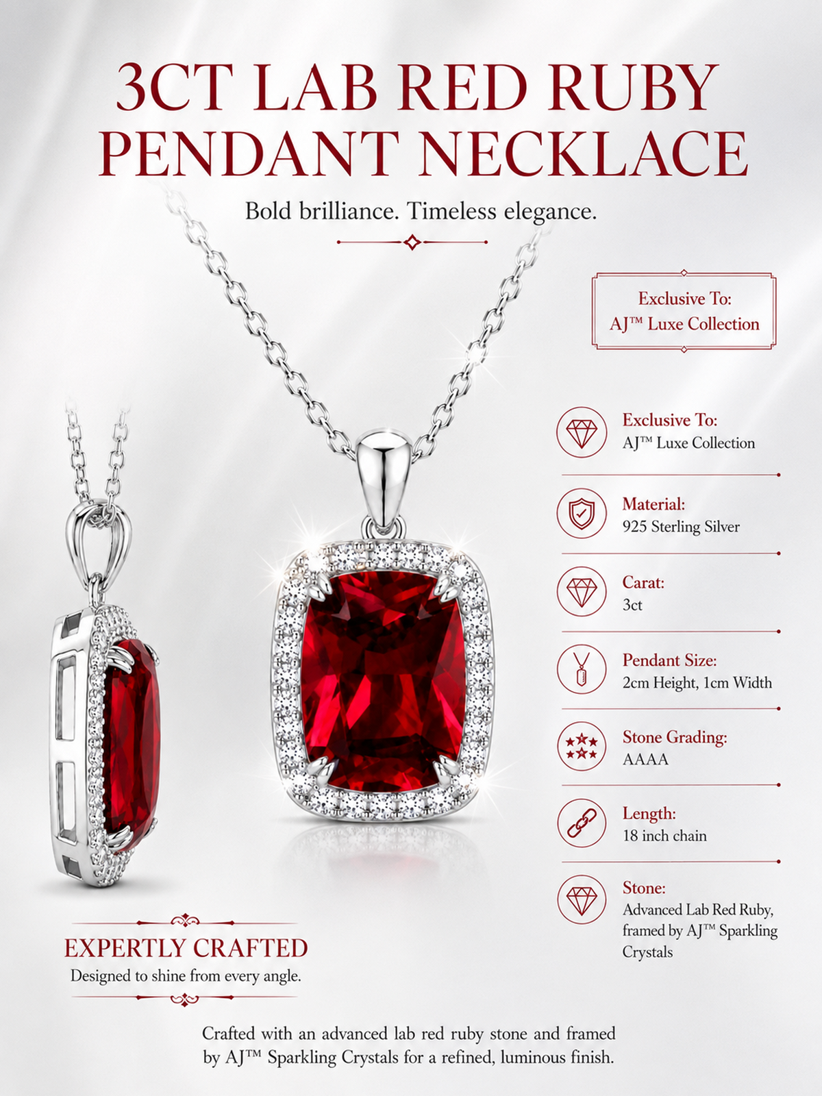 3Ct Lab Ruby Pendant Necklace