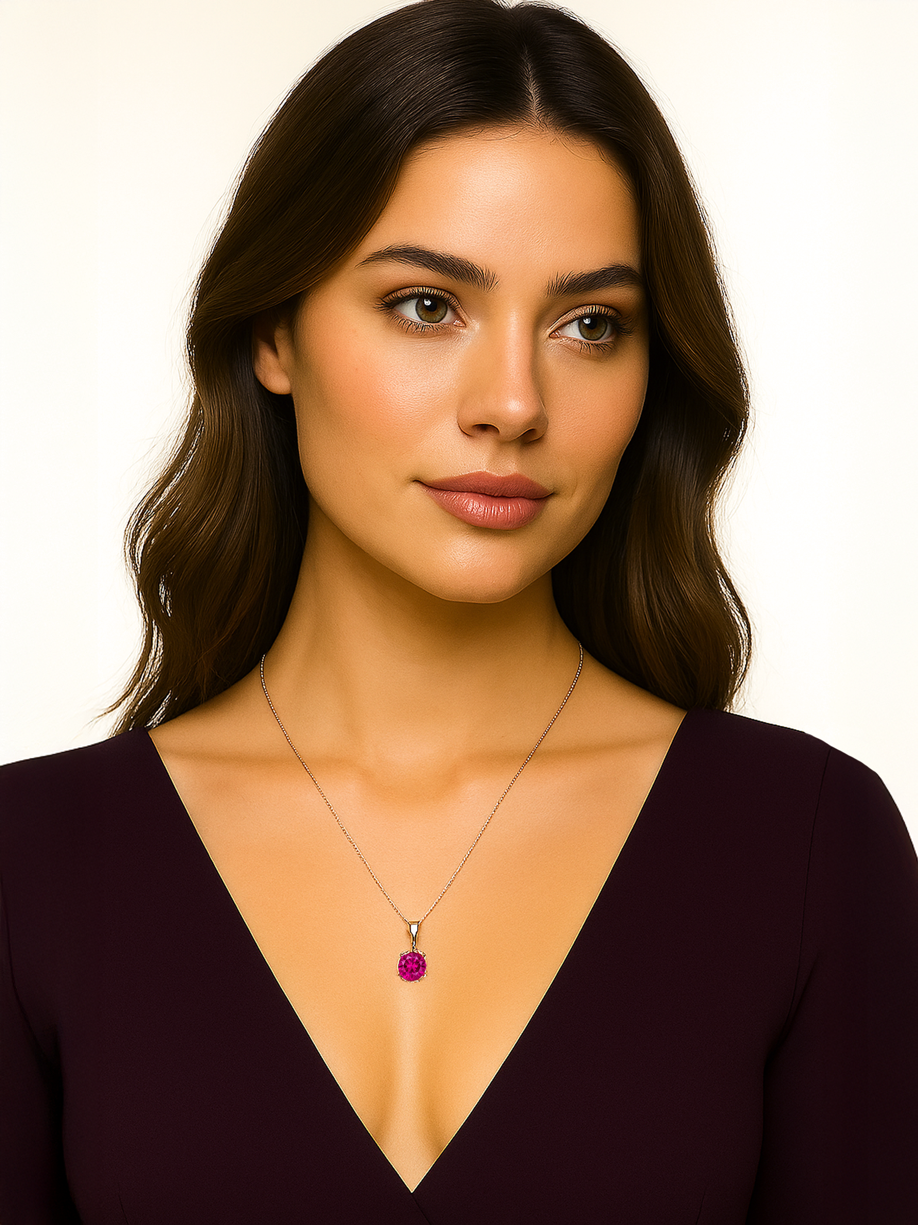 Woman wearing a 1.25ct Lab Grown Rose Pink Tourmaline Pendant Necklace