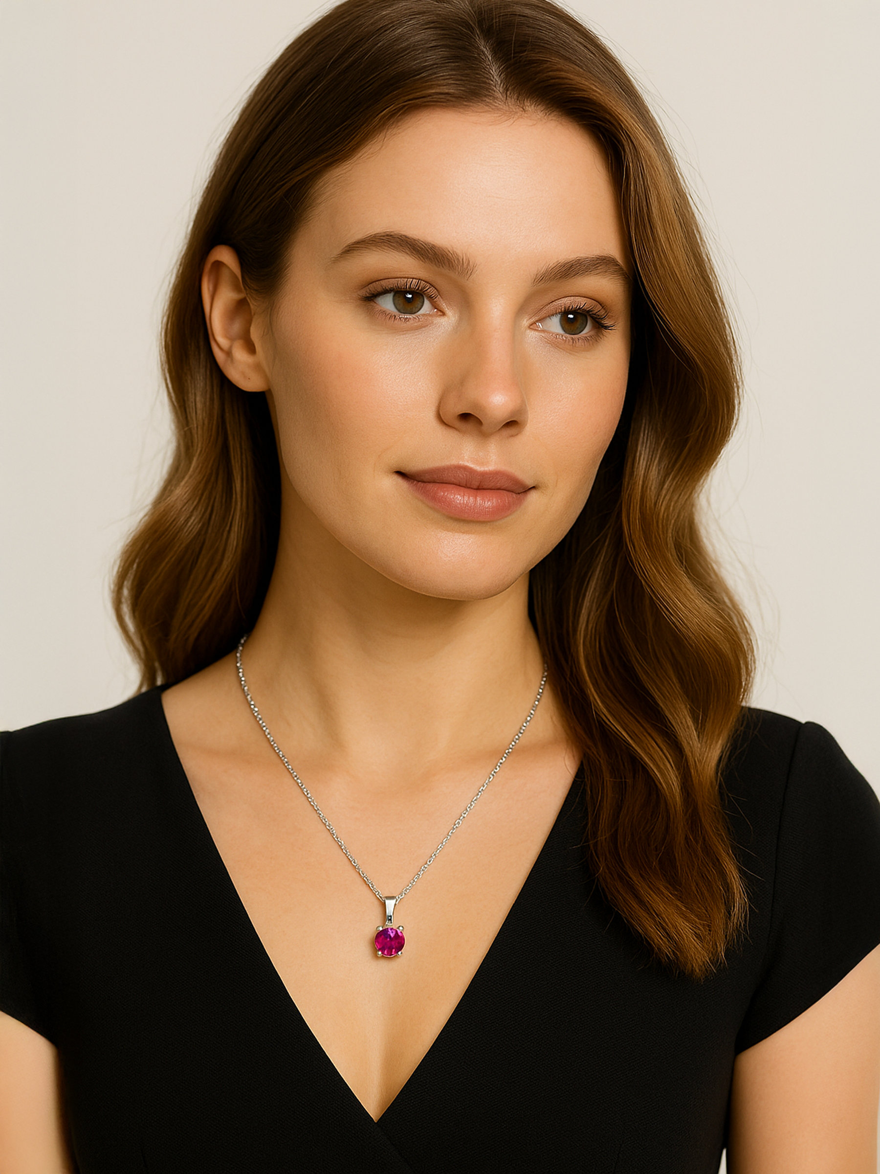 Woman wearing a 1.25ct Lab Grown Rose Pink Tourmaline Pendant Necklace