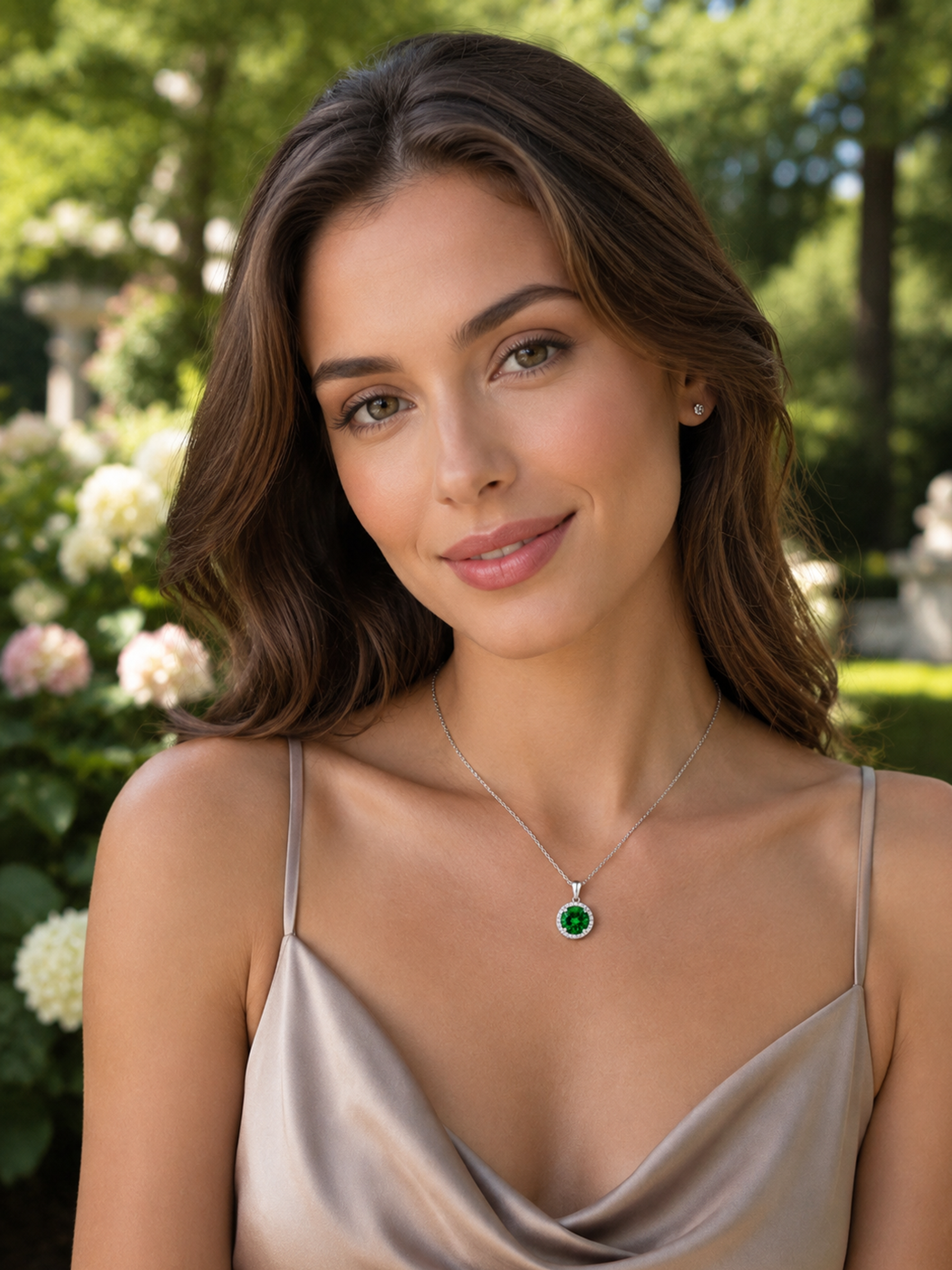 Woman wearing a 1.2Ct Lab Emerald Round Cut Pendant Necklace