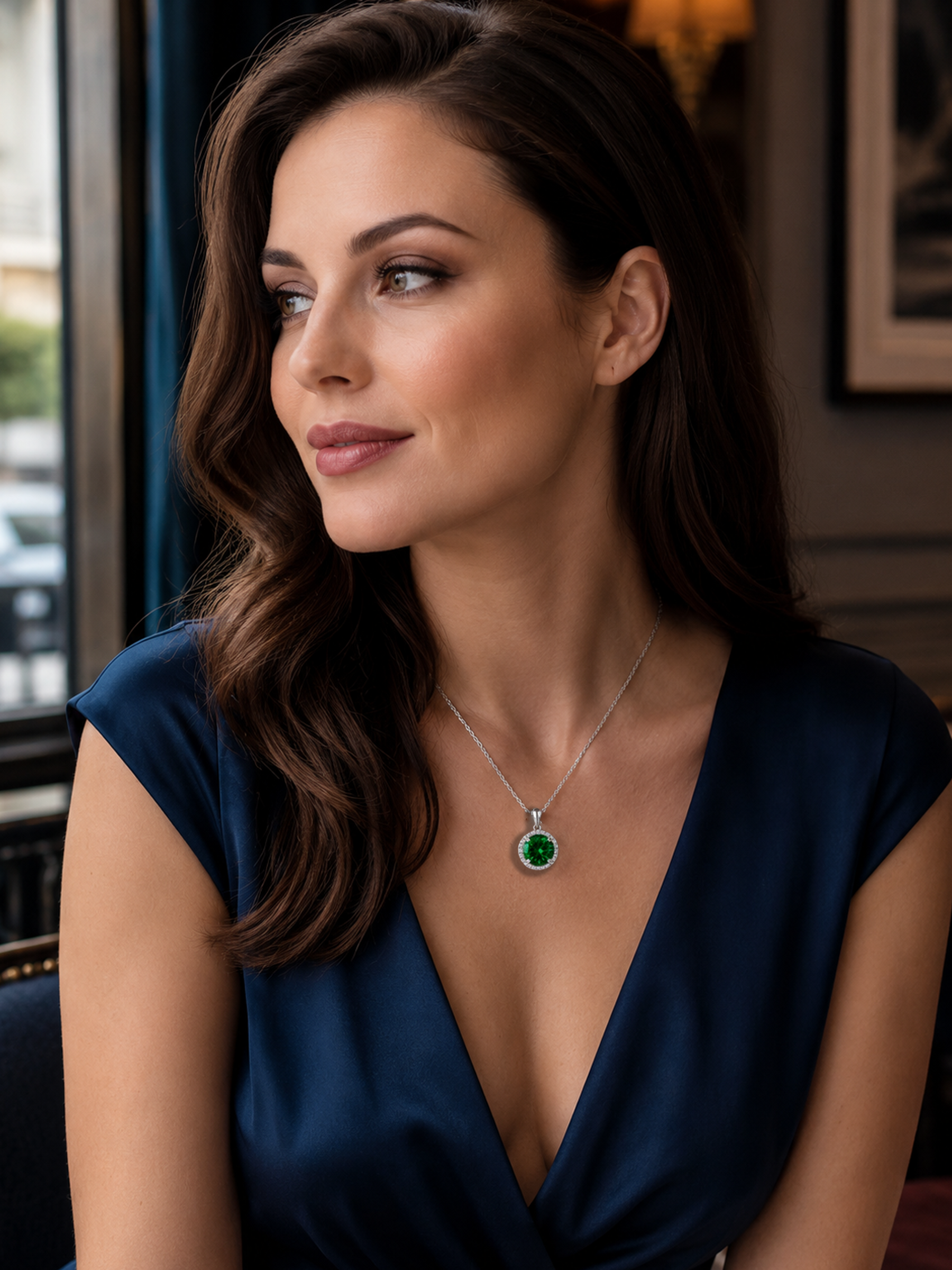 Woman wearing a blue dress and 1.2Ct Lab Emerald Round Cut Pendant Necklace