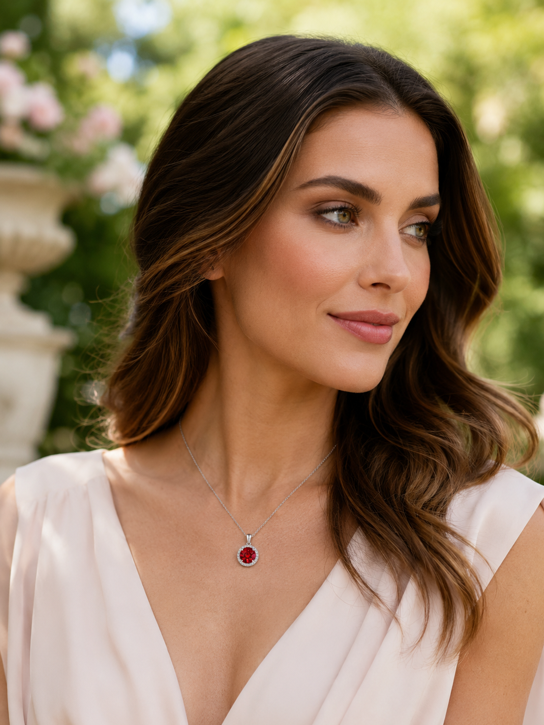Woman wearing a 1.2Ct Lab Ruby Round Cut Pendant Necklace