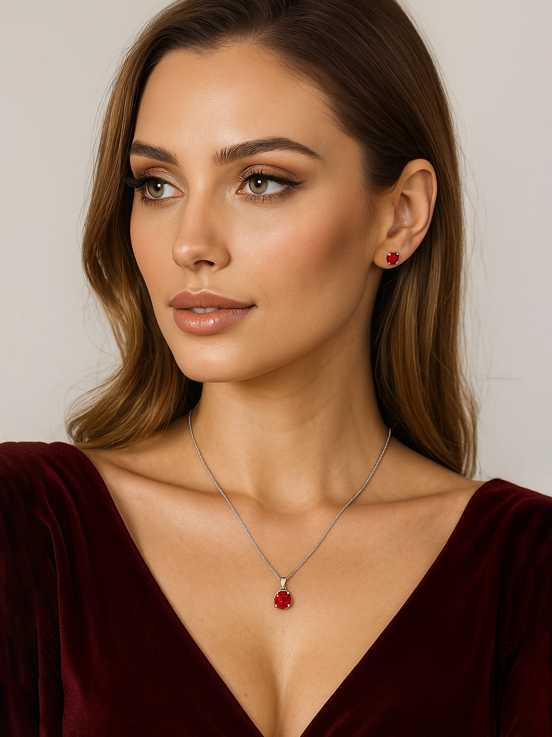 Woman wearing a 1ct Ruby Pendant Necklace