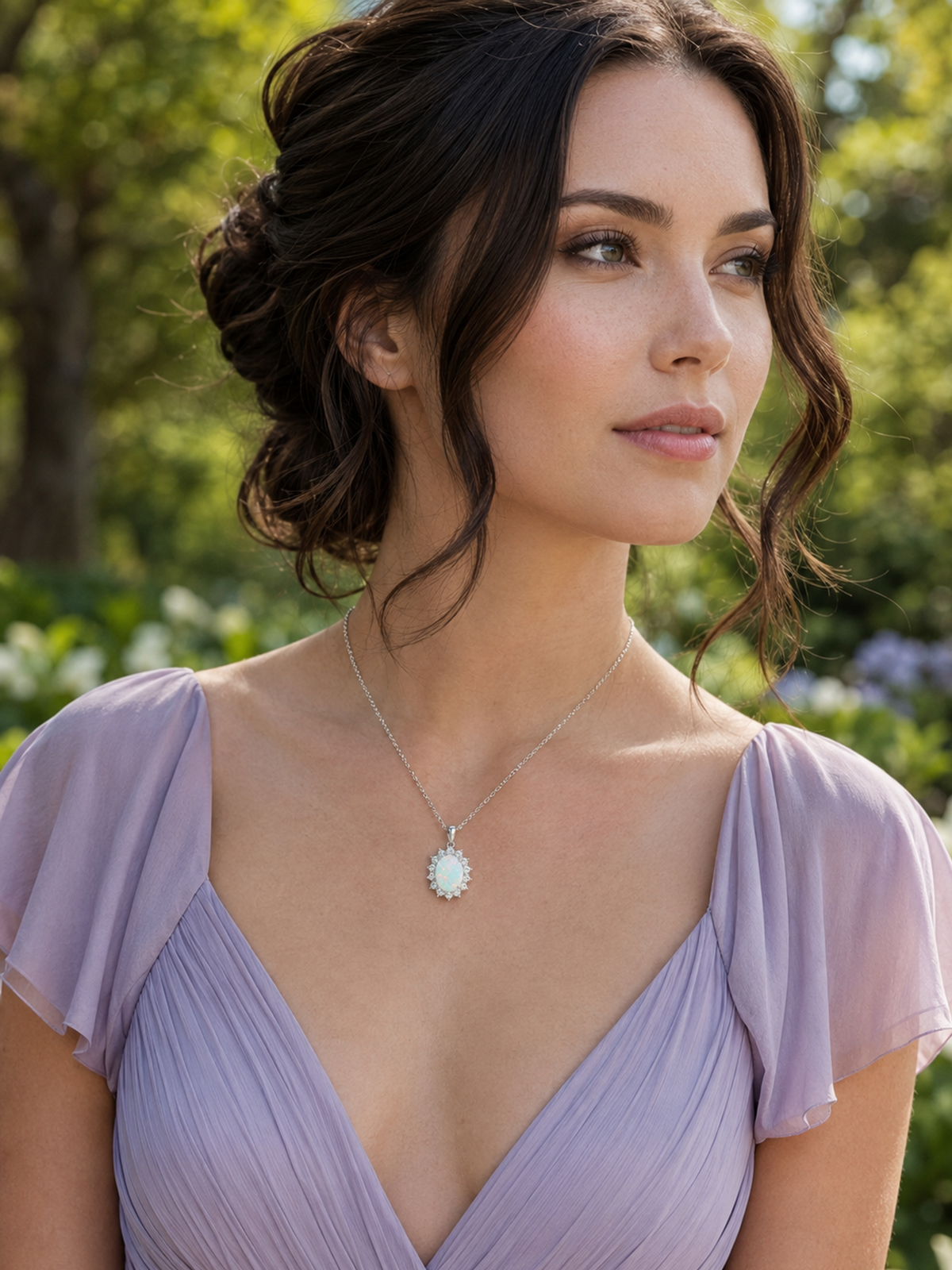 Woman wearing a 2Ct White Opal Oval Pendant Necklace