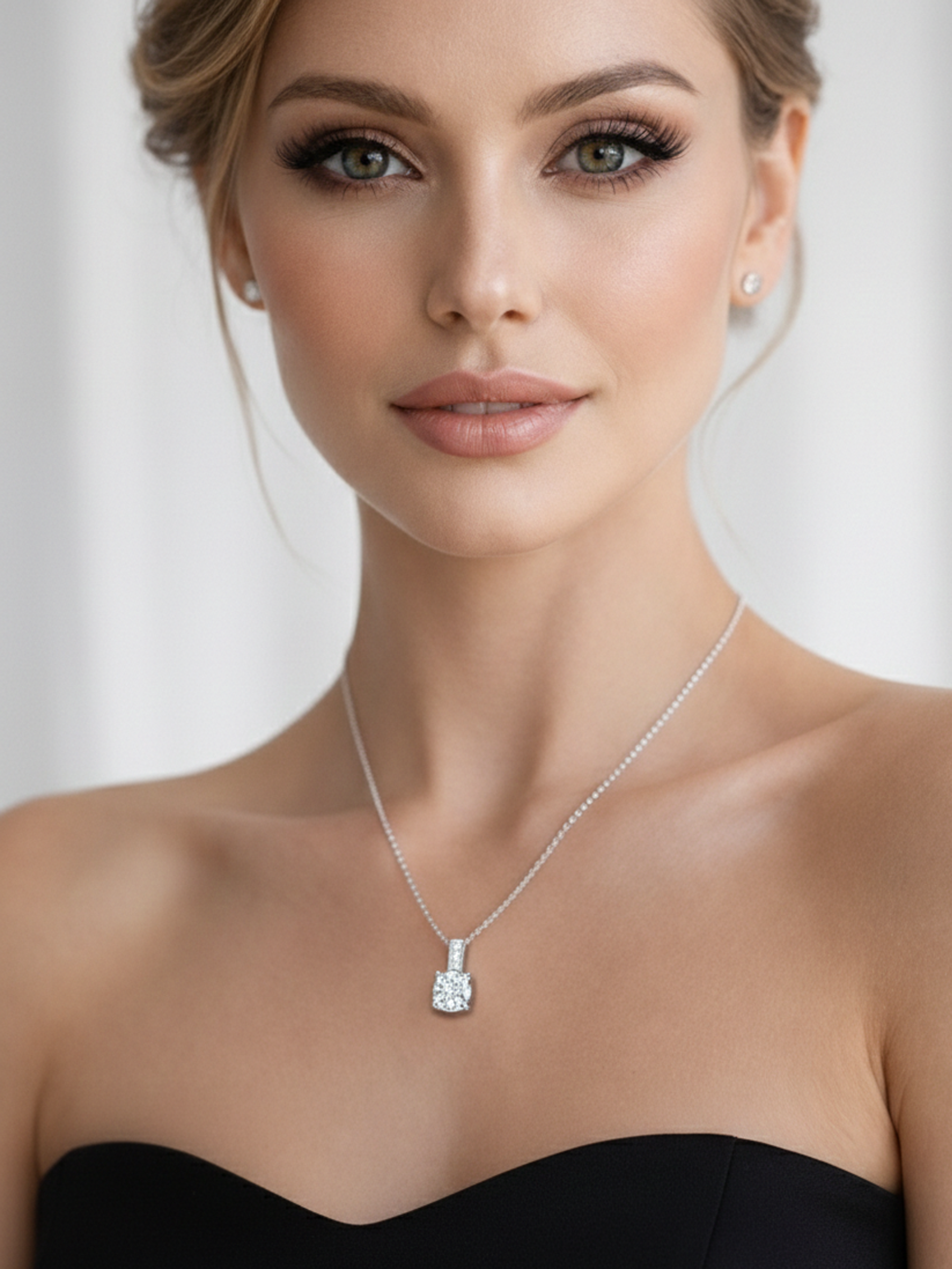 A close-up portrait of a woman wearing a 2.5Ct Moissanite Round Cut Pendant Necklace