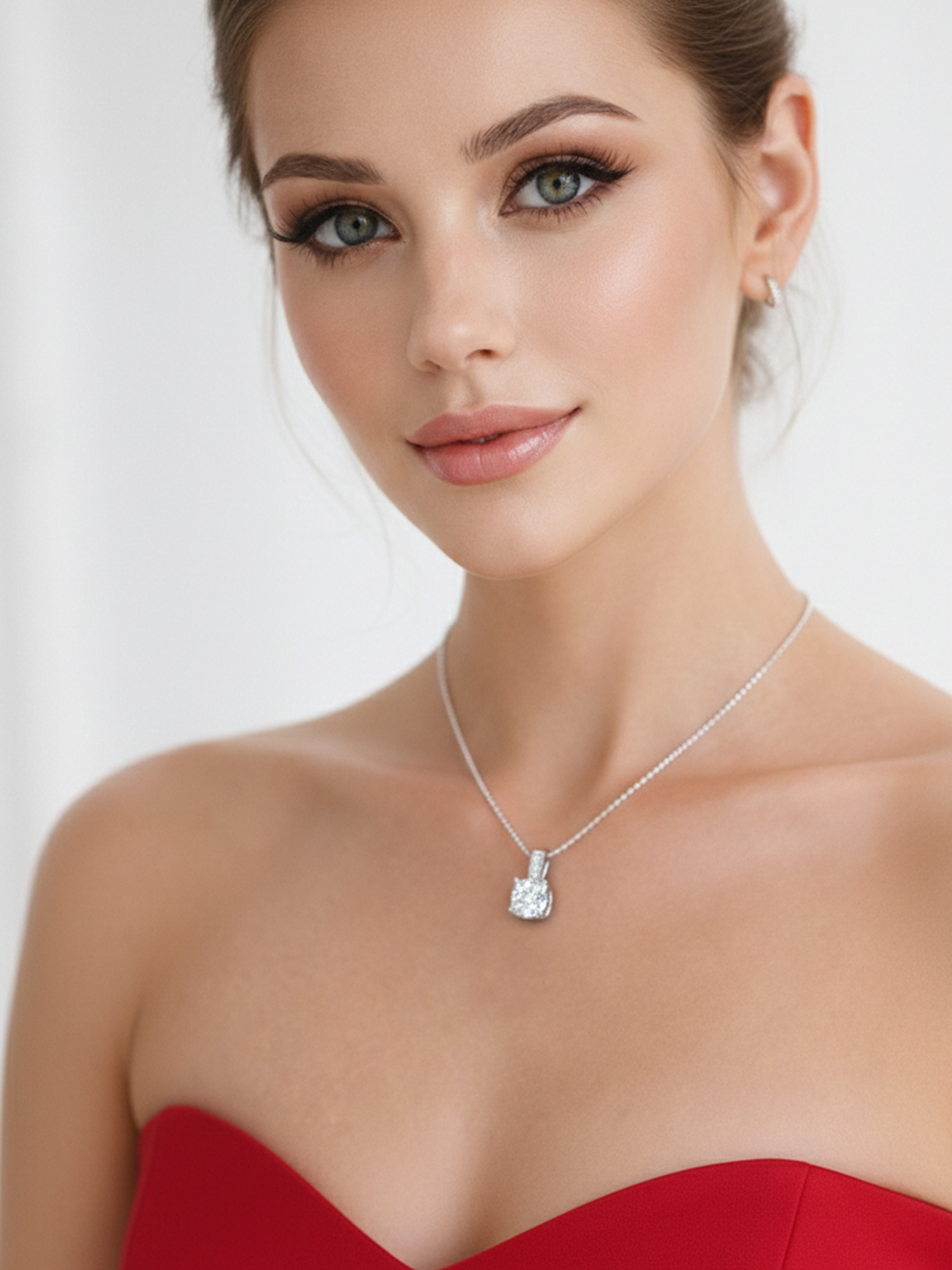 A close-up portrait of a woman wearing a 2.5Ct Moissanite Round Cut Pendant Necklace