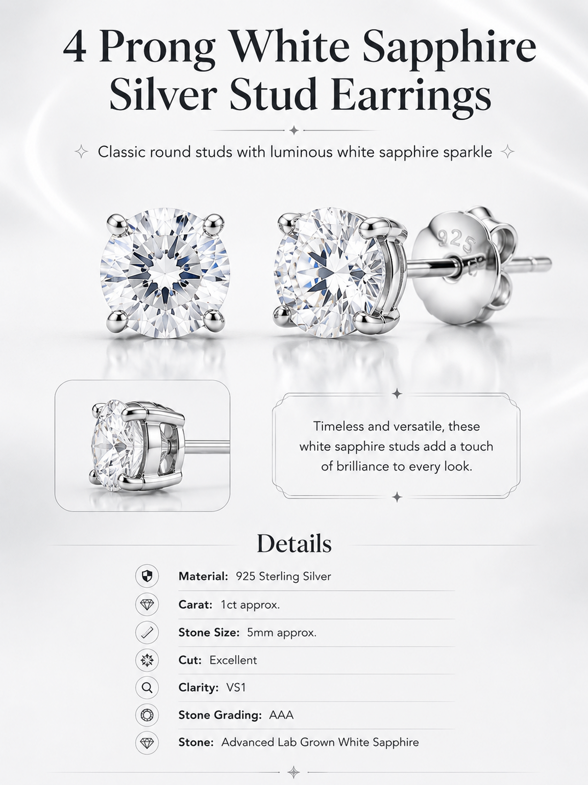 4 Prong White Sapphire Silver Stud Earrings