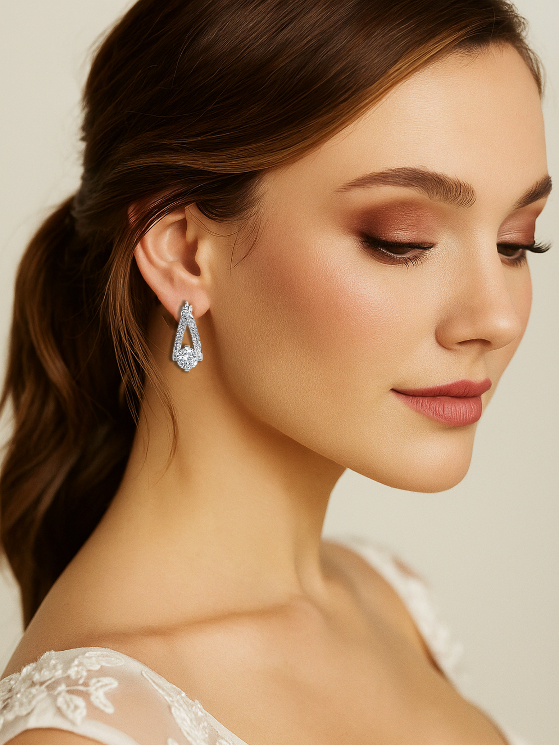 White Sapphire Double Hoop Silver Earrings