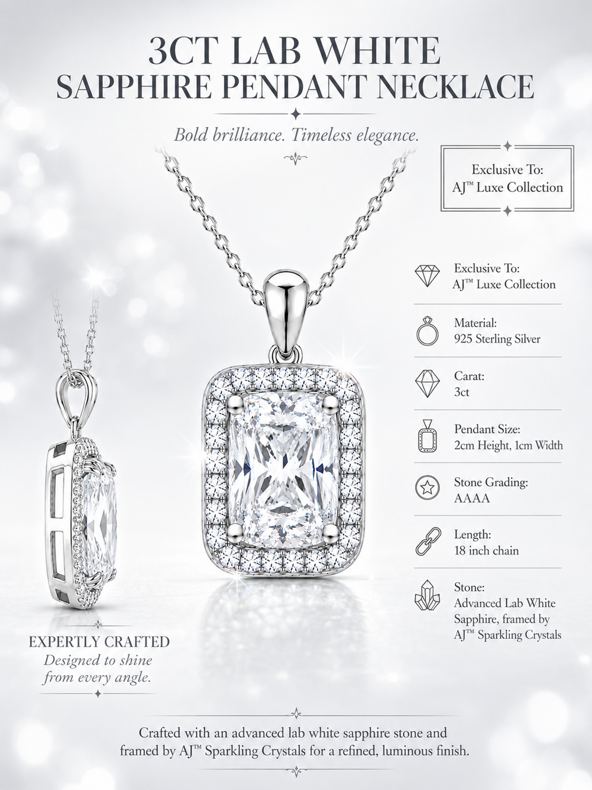 3Ct Lab White Sapphire Pendant Necklace